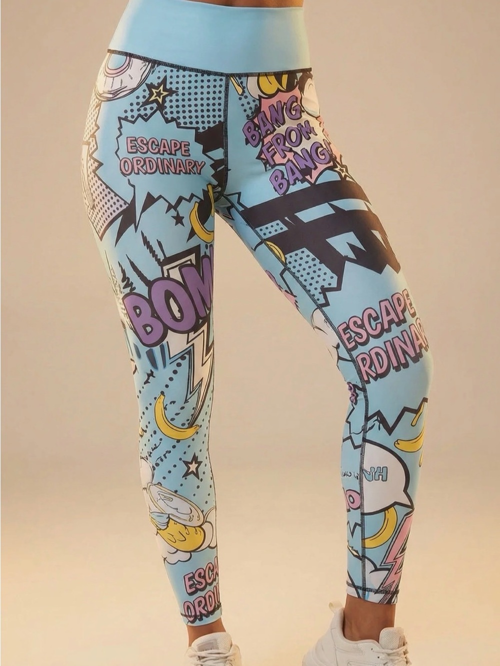 STRONGER Ice Cream Leggings Comic Book Pop Art Womens XS Graphic High Waist Blue